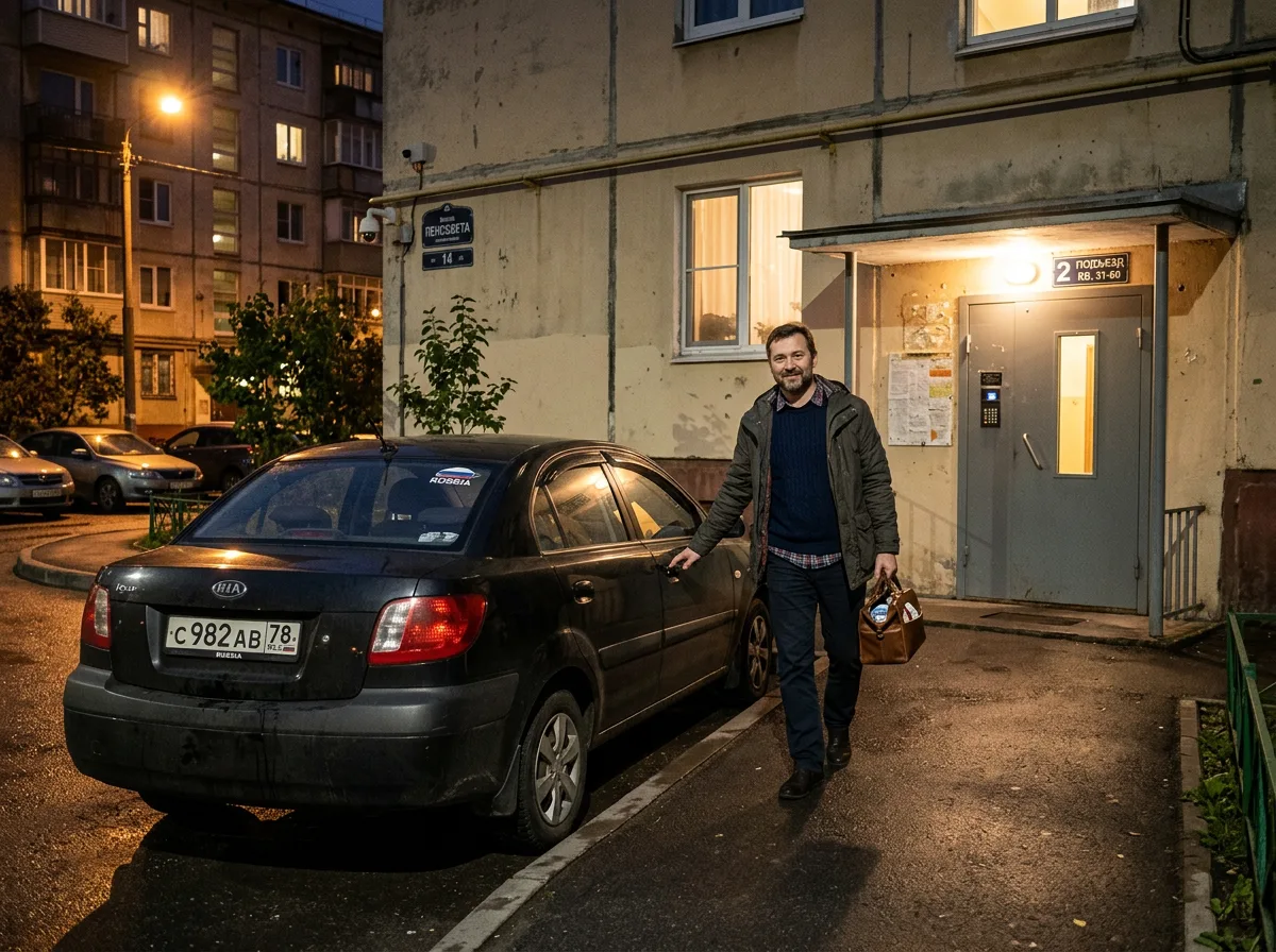 Врач-нарколог в гражданской одежде выходит из обычного автомобиля у подъезда жилого дома в Санкт-Петербурге, ночь, спокойная атмосфера доверия