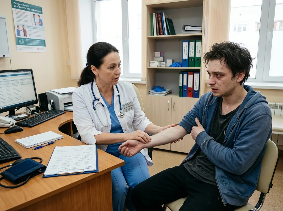 Врач-нарколог в медицинском халате проводит осмотр пациента в состоянии наркотической абстиненции, профессиональная обстановка