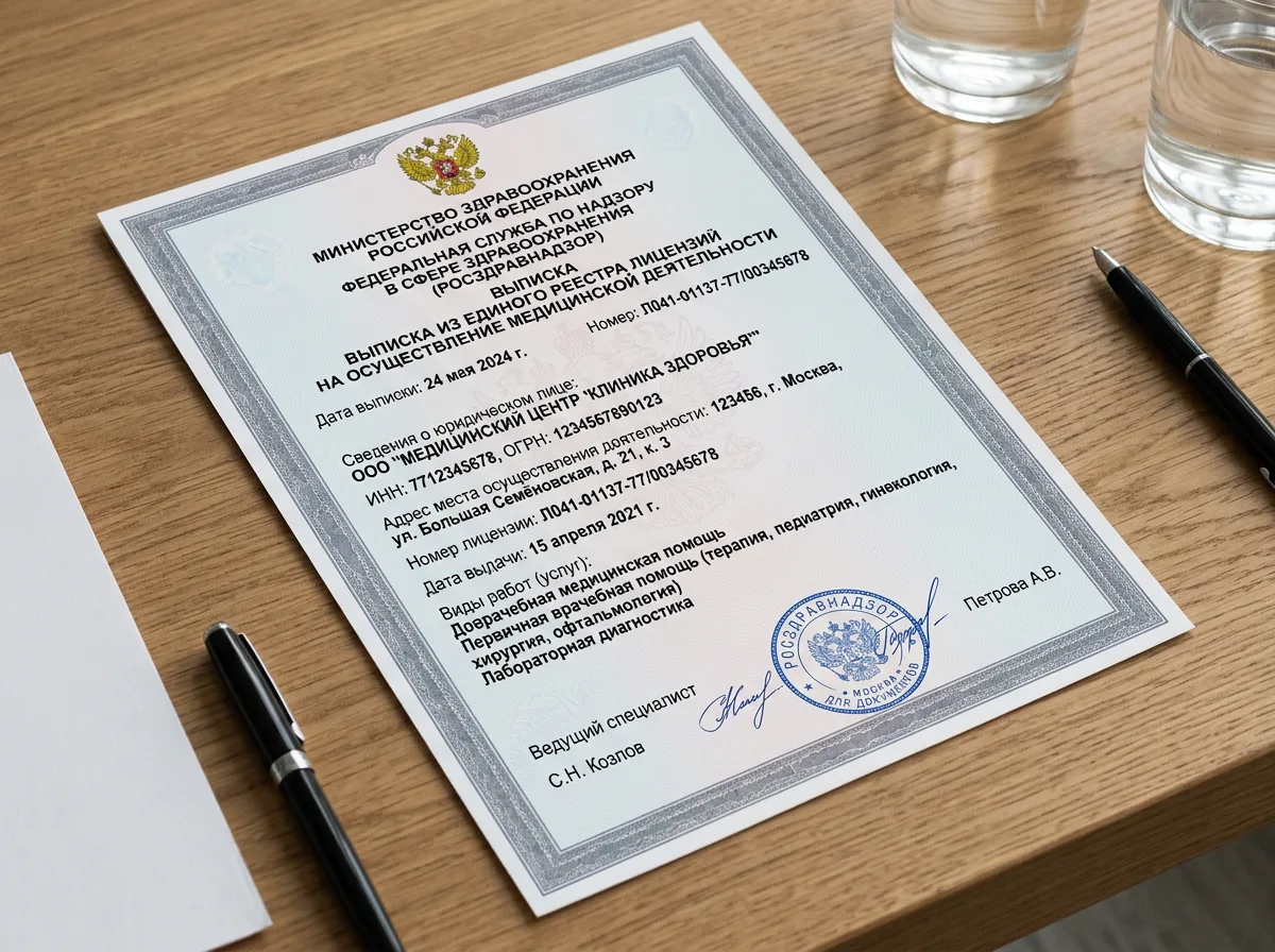 Выписка из реестра медицинских лицензий Росздравнадзора, официальный бланк с печатями и подписями, документ подтверждающий легальность клиники