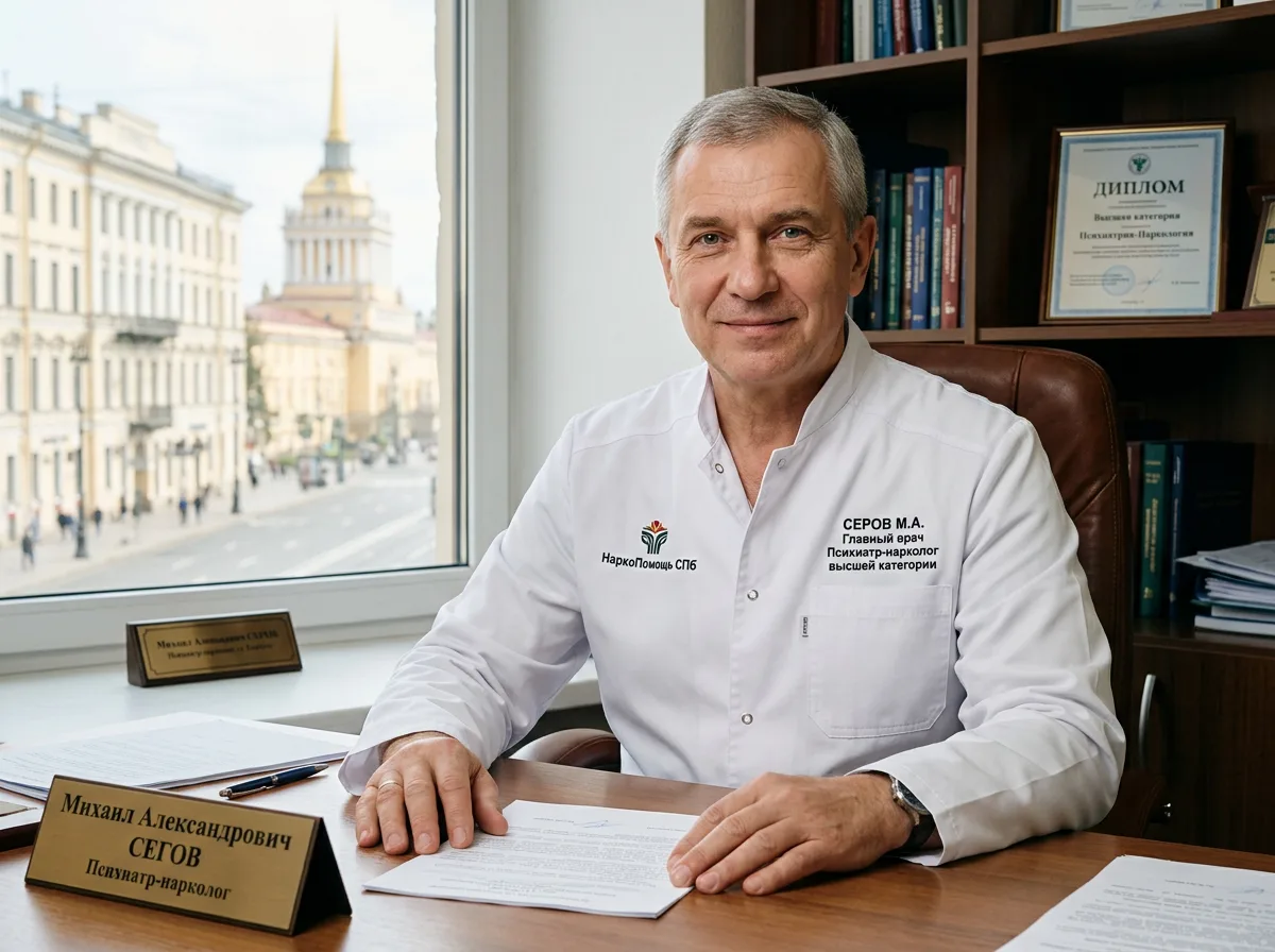 Главный врач клиники НаркоПомощь СПб Михаил Александрович Серов, психиатр-нарколог высшей категории, профессиональный портрет в медицинском халате